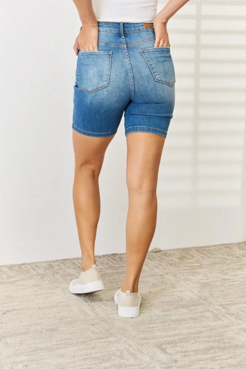 Judy Blue Full Size Tummy Control Double Button Denim Shorts - Love Salve